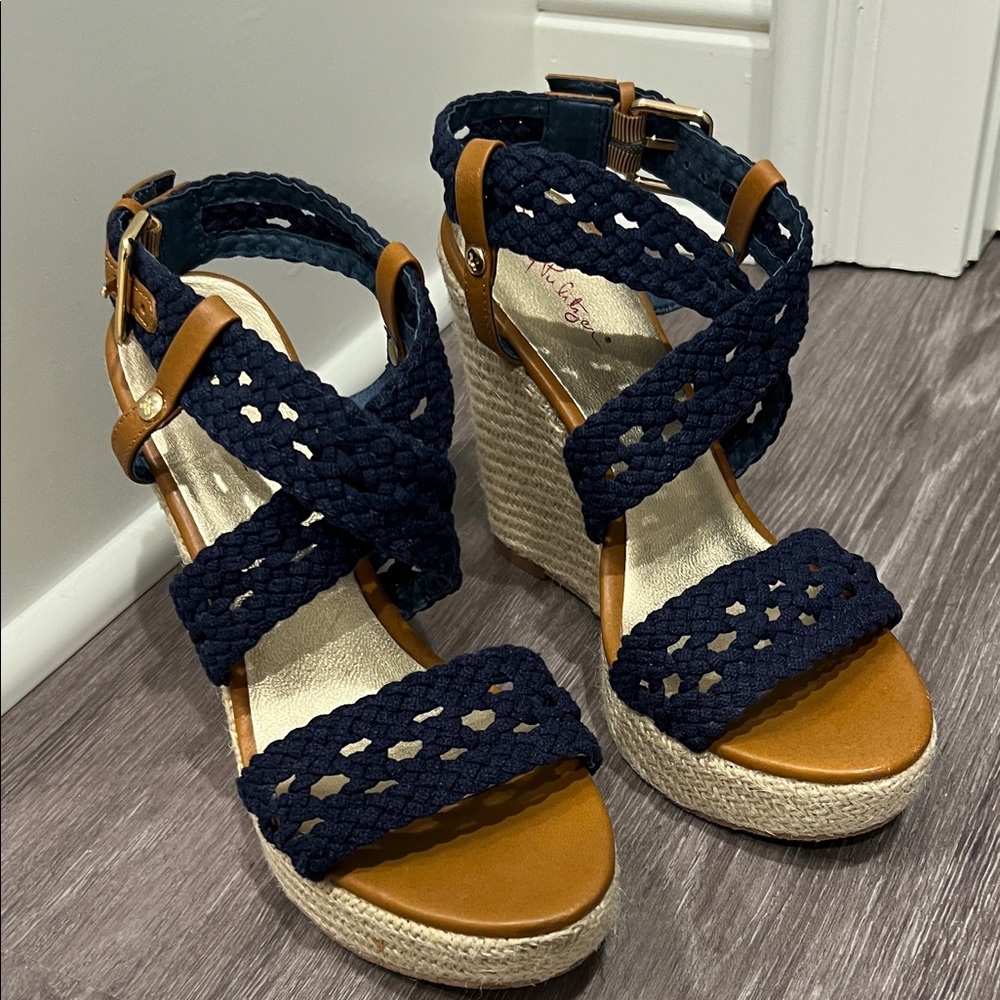 Lilly Pulitzer Navy and Tan Wedges